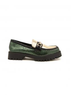 Mocasin de Charol en Verde y Dorado