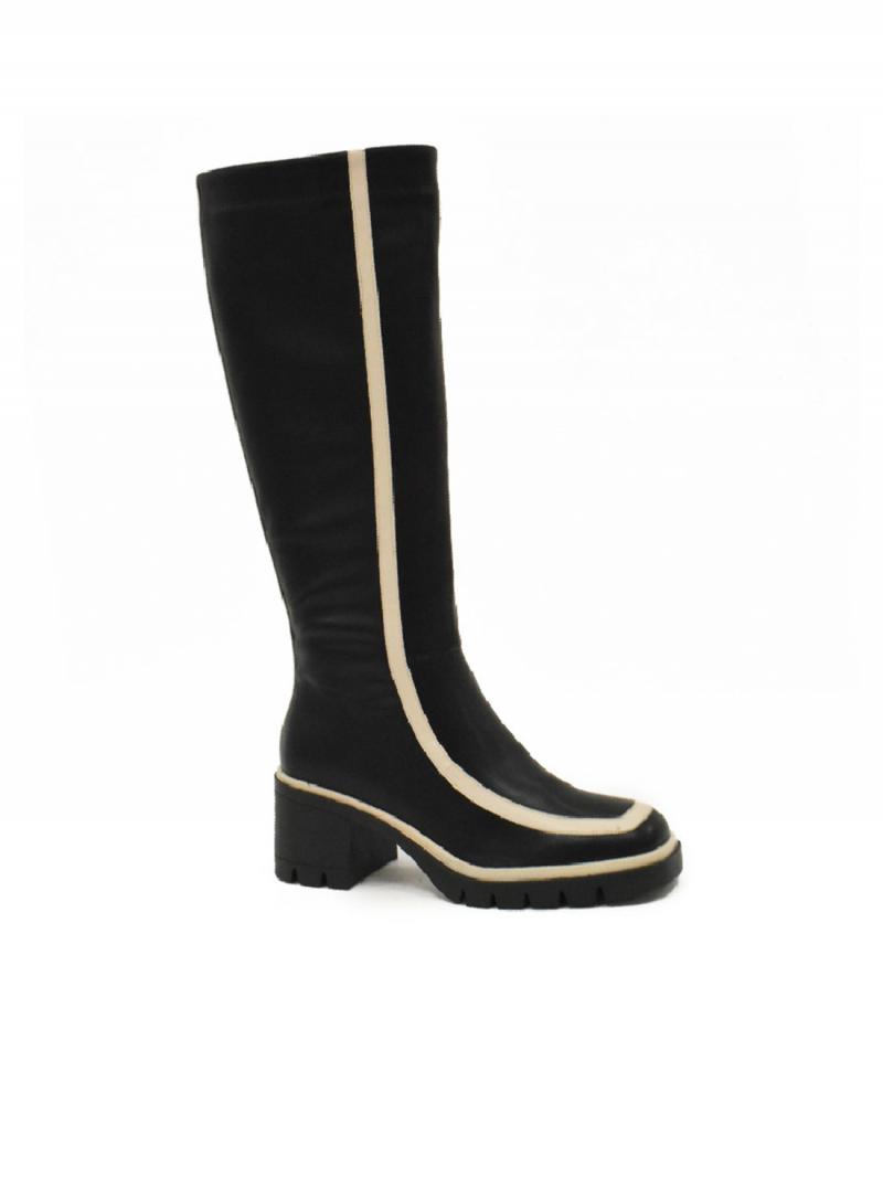 Botas Altas de Mujer con Detalle Blanco y Tacón Grueso